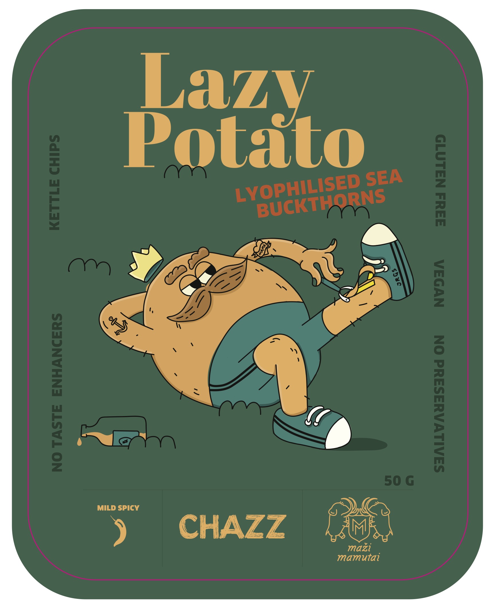 Bulvių traškučiai su liofilizuotais šaltalankiais „Lazy Potato”