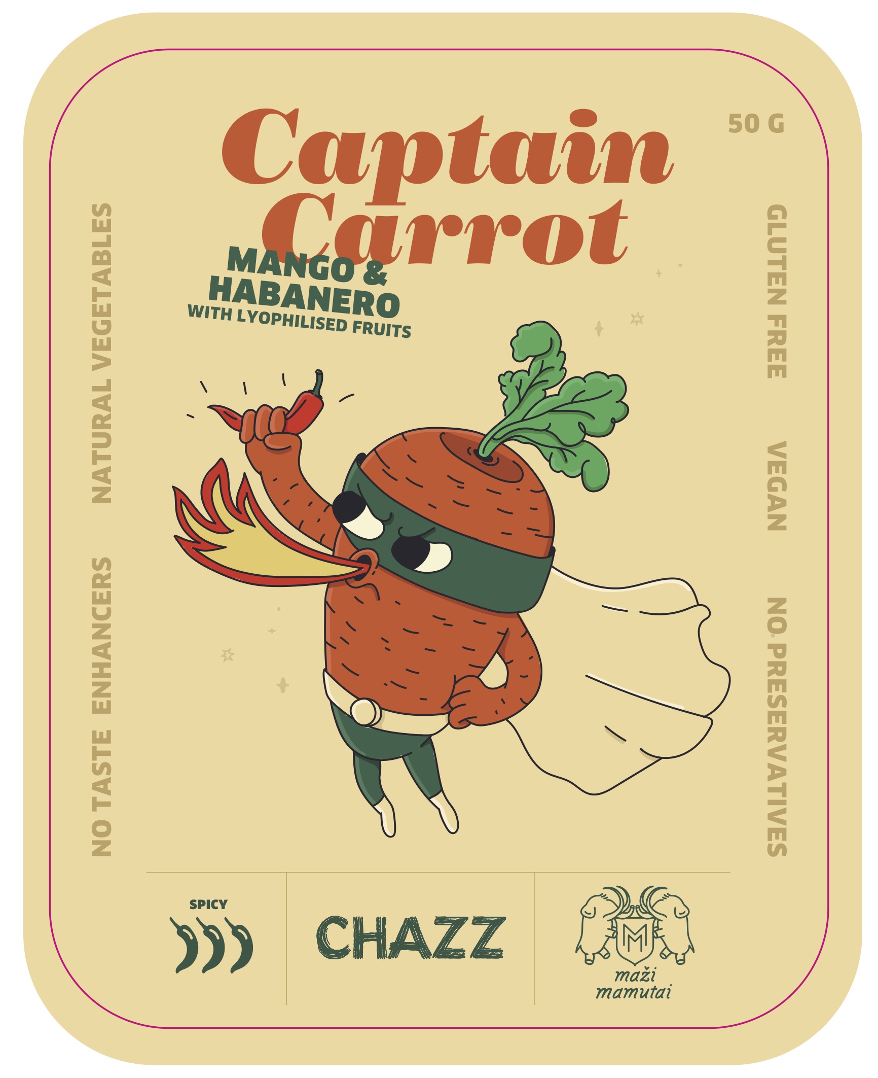 Morkų traškučiai su liofilizuotais mangais ir habanero pipirais „Captain Carrot”